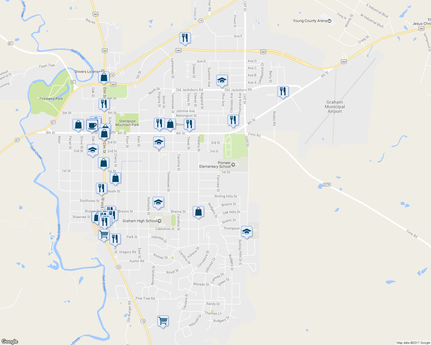 map of restaurants, bars, coffee shops, grocery stores, and more near 1330 1st Street in Graham