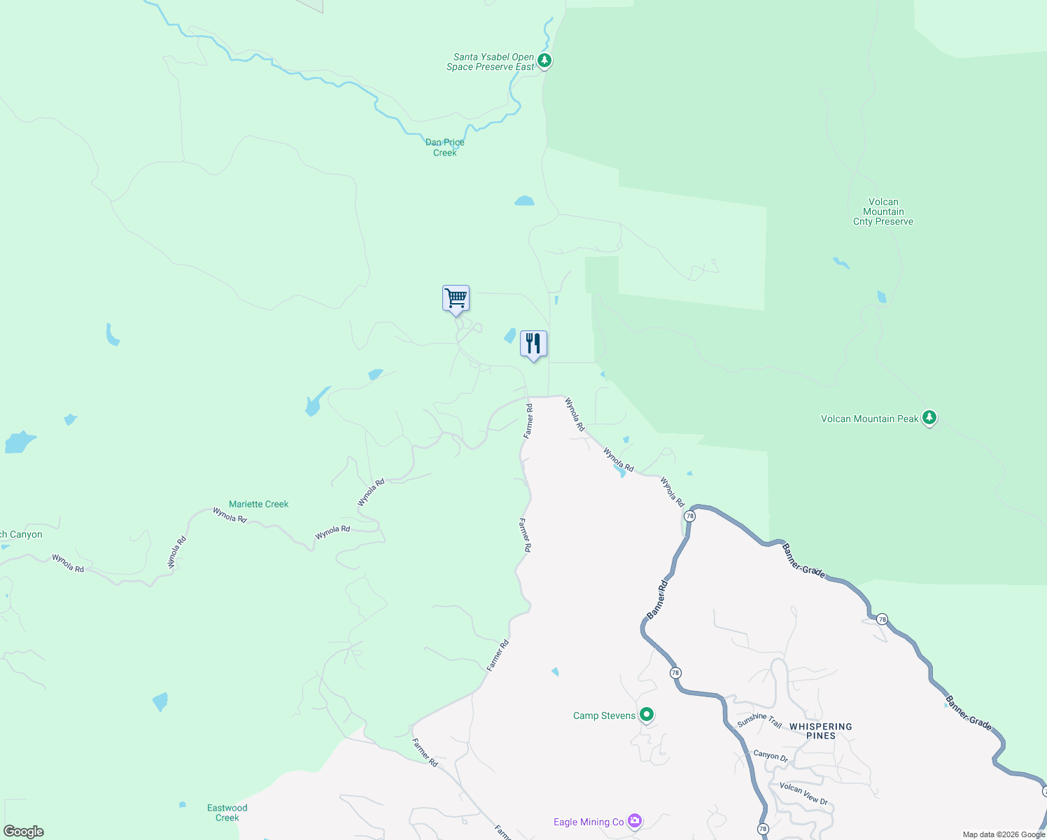 map of restaurants, bars, coffee shops, grocery stores, and more near 1326 Farmer Road in Julian