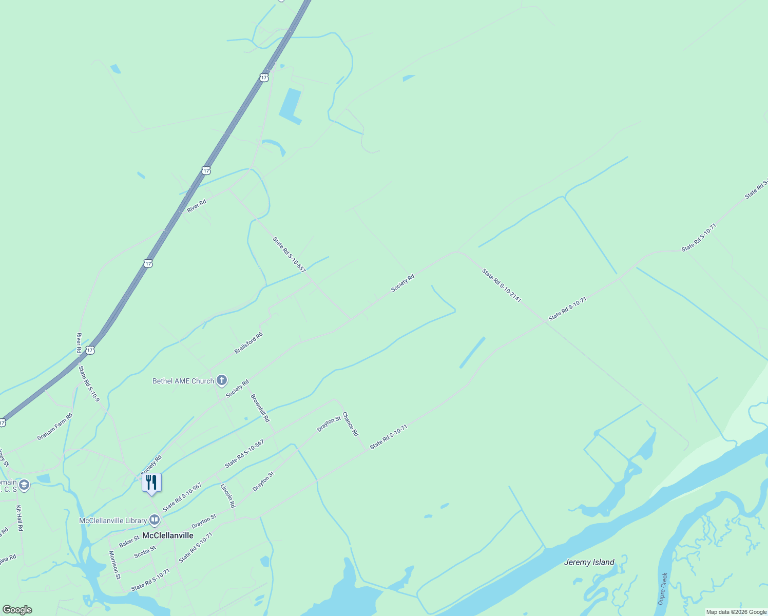 map of restaurants, bars, coffee shops, grocery stores, and more near 745 Society Road in McClellanville