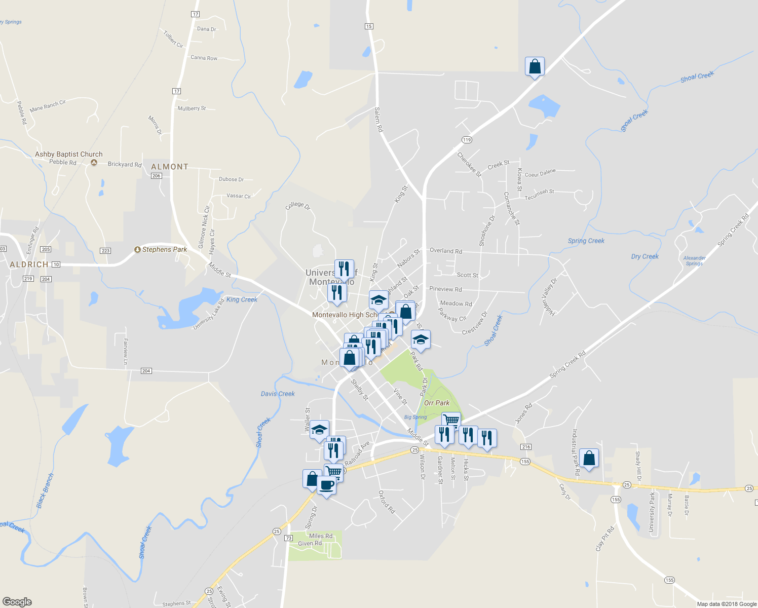 map of restaurants, bars, coffee shops, grocery stores, and more near 1020 Highland Street in Montevallo