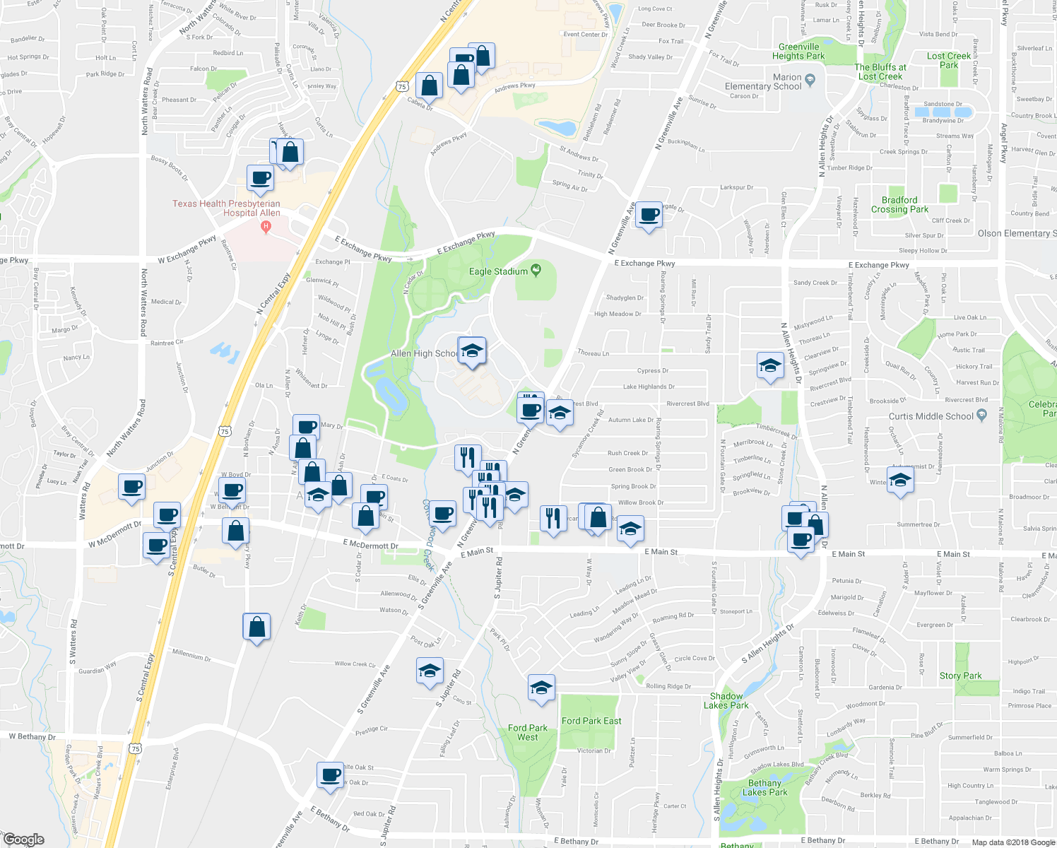 map of restaurants, bars, coffee shops, grocery stores, and more near 401 North Greenville Avenue in Allen