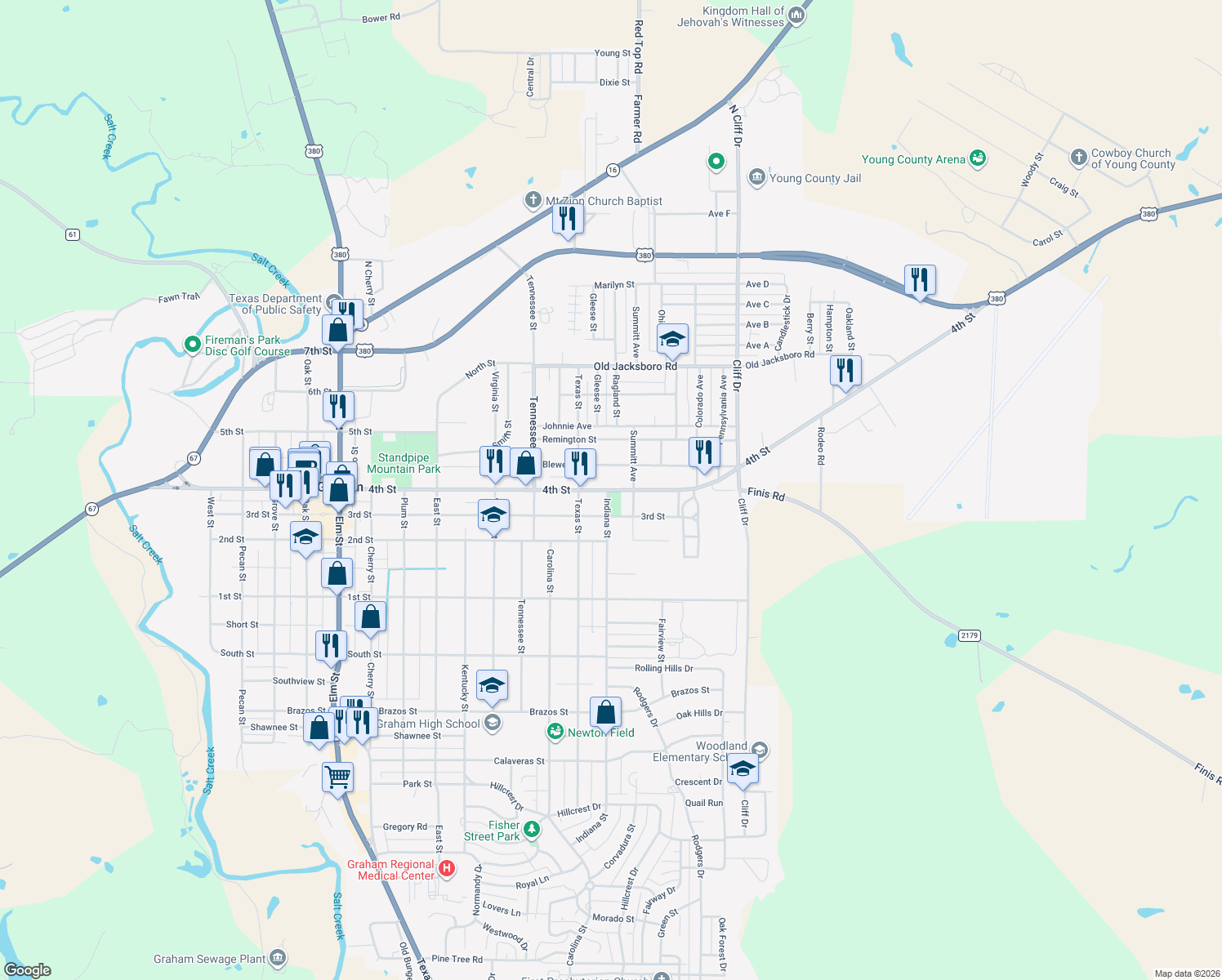 map of restaurants, bars, coffee shops, grocery stores, and more near 1314 4th Street in Graham
