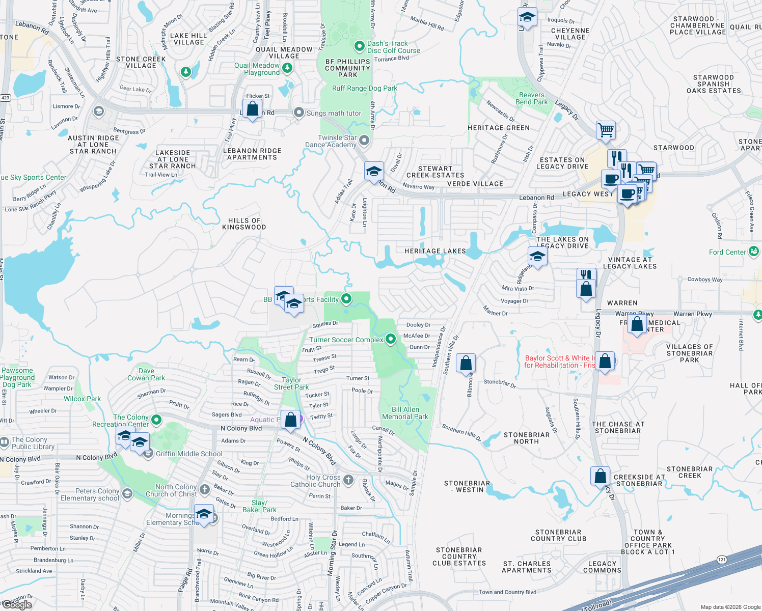 map of restaurants, bars, coffee shops, grocery stores, and more near 3383 Columbus Dr in Frisco