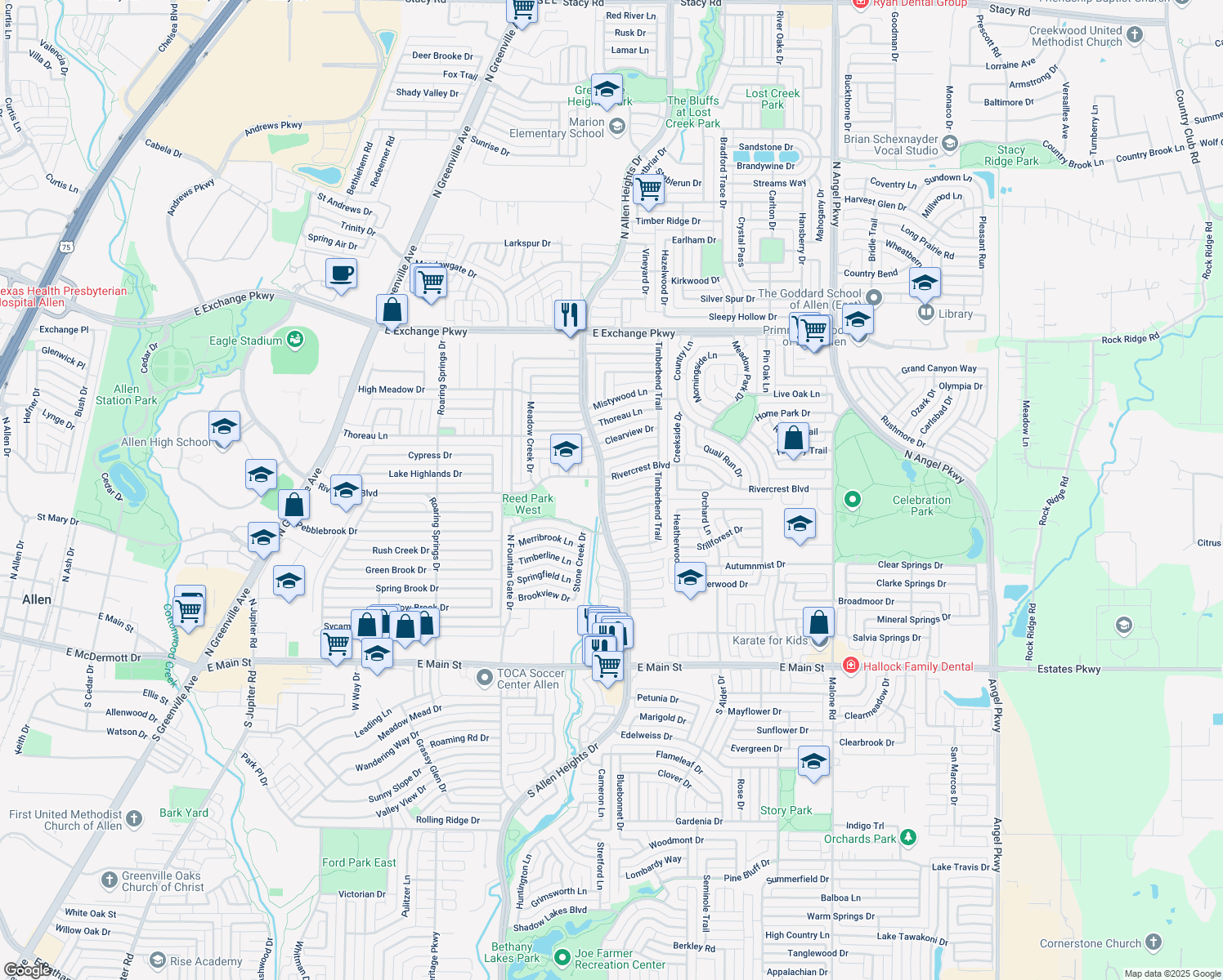 map of restaurants, bars, coffee shops, grocery stores, and more near 1303 Crestview Dr in Allen