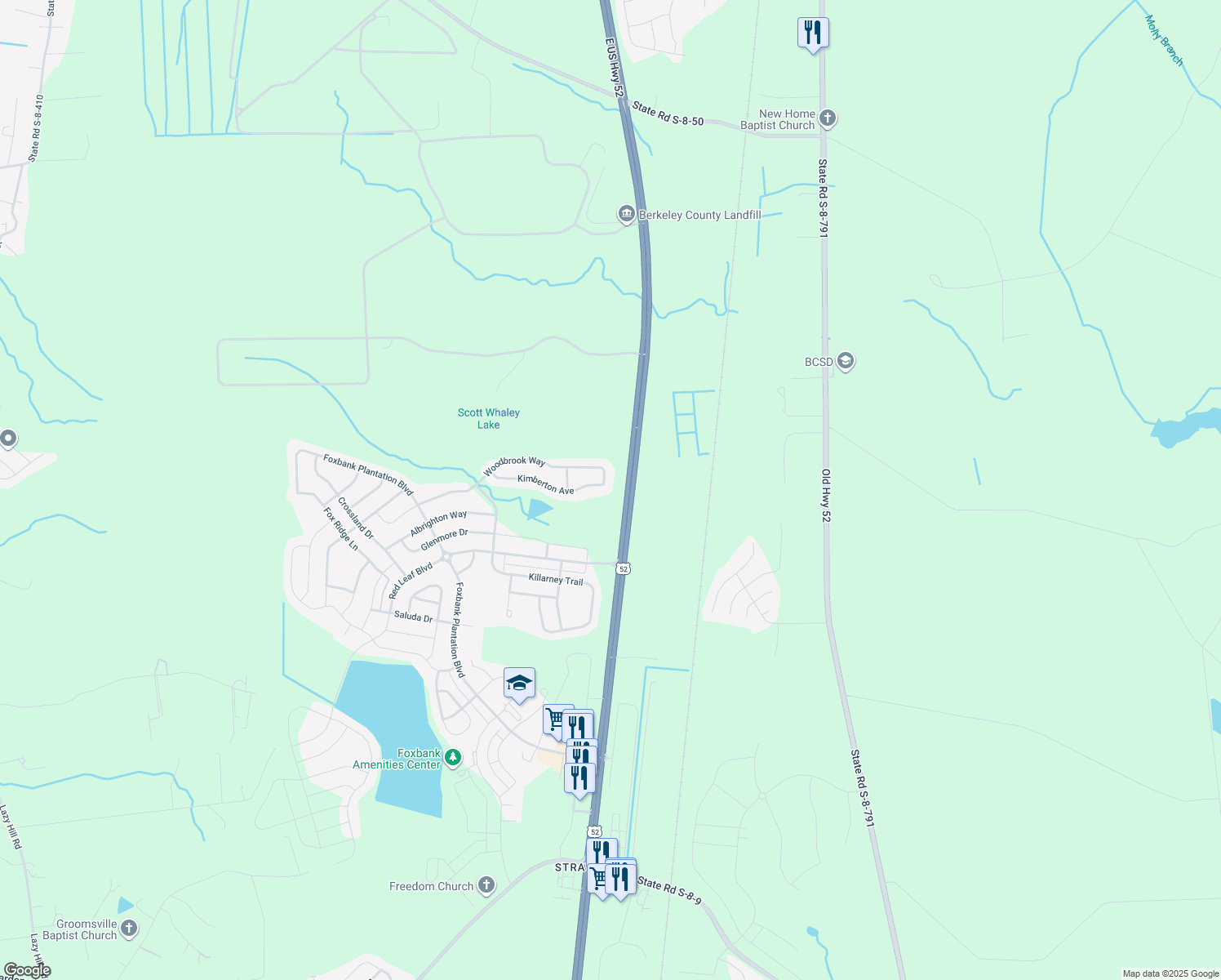 map of restaurants, bars, coffee shops, grocery stores, and more near 181 Kimberton Avenue in Moncks Corner