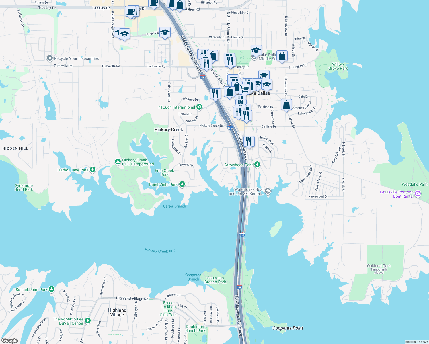 map of restaurants, bars, coffee shops, grocery stores, and more near 23 Shorehaven Ln in Lake Dallas