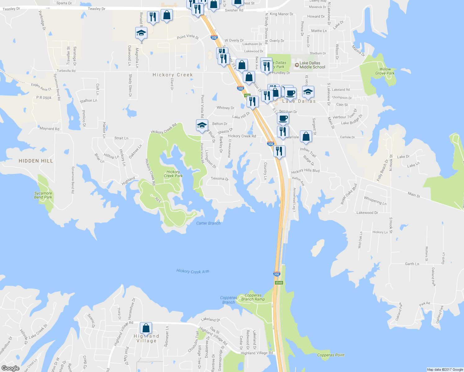 map of restaurants, bars, coffee shops, grocery stores, and more near 318 Texoma Drive in Lake Dallas