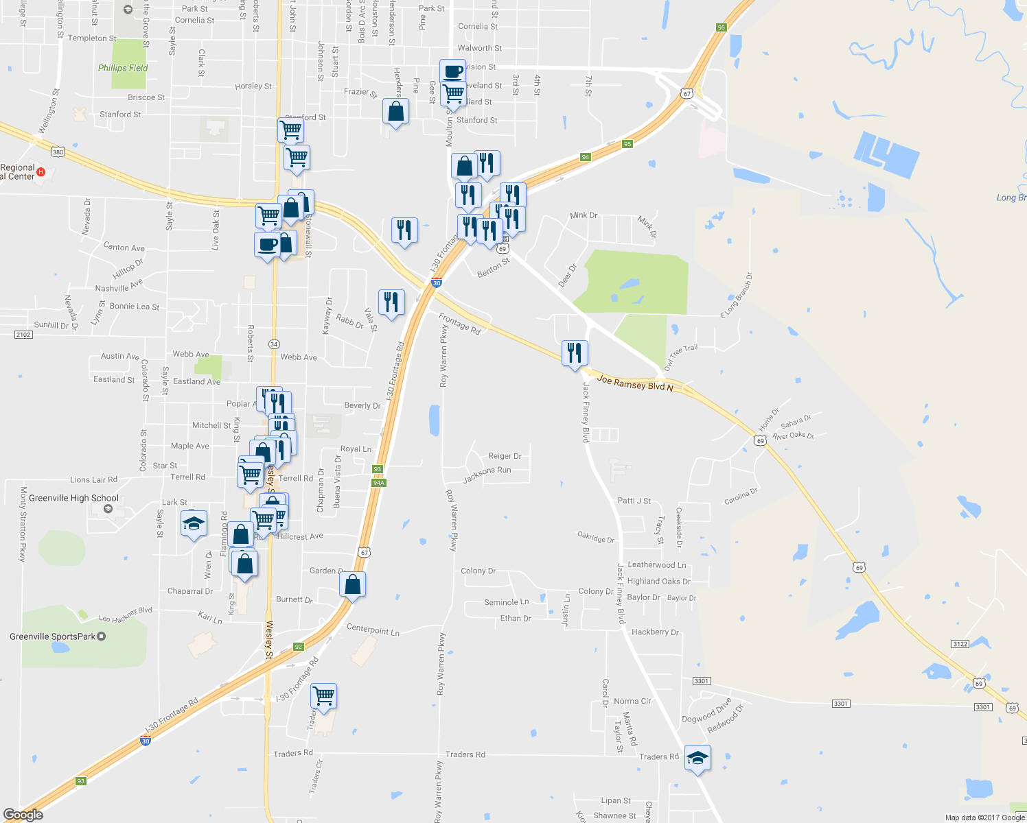 map of restaurants, bars, coffee shops, grocery stores, and more near 1414 Waverley Drive in Greenville