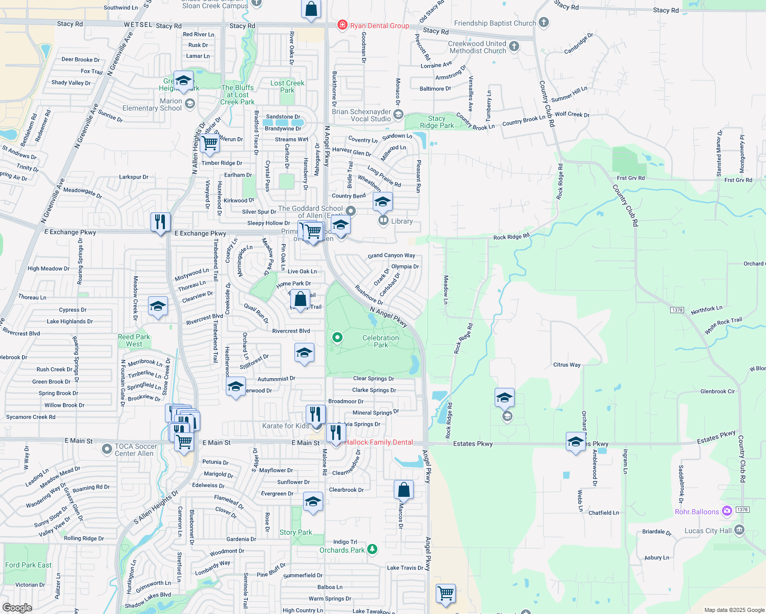 map of restaurants, bars, coffee shops, grocery stores, and more near 903 Rushmore Drive in Allen