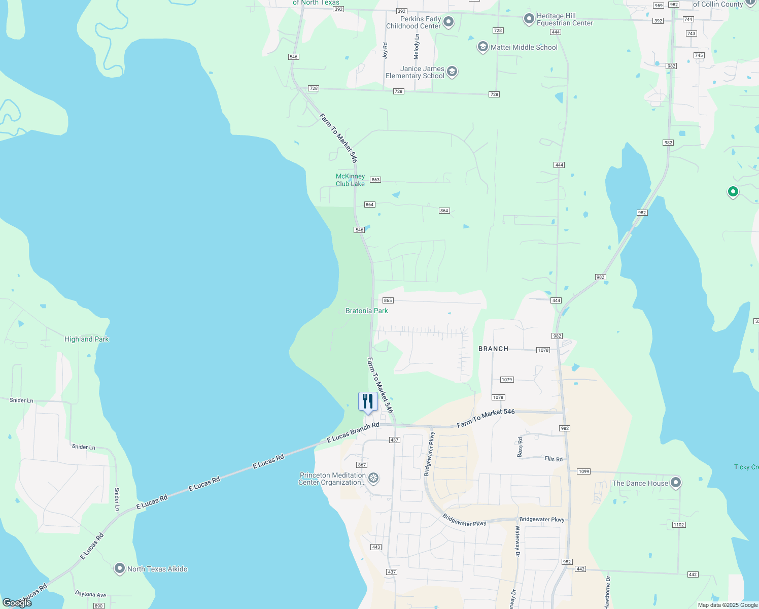 map of restaurants, bars, coffee shops, grocery stores, and more near 9394 County Road 865 in Princeton