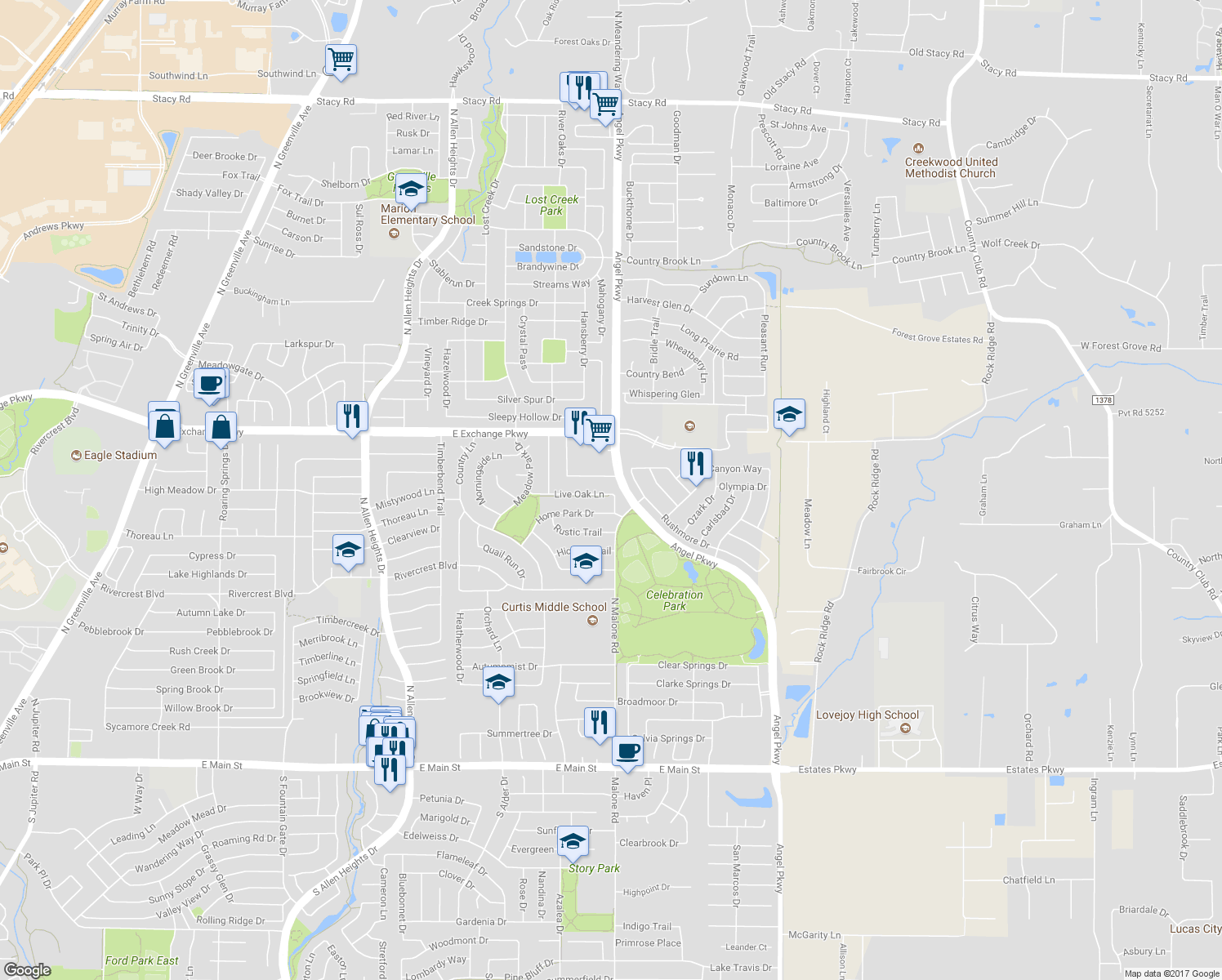 map of restaurants, bars, coffee shops, grocery stores, and more near 1723 Live Oak Lane in Allen