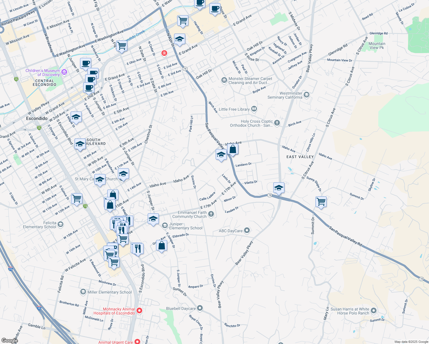 map of restaurants, bars, coffee shops, grocery stores, and more near 1579 Glenna Dr in Escondido