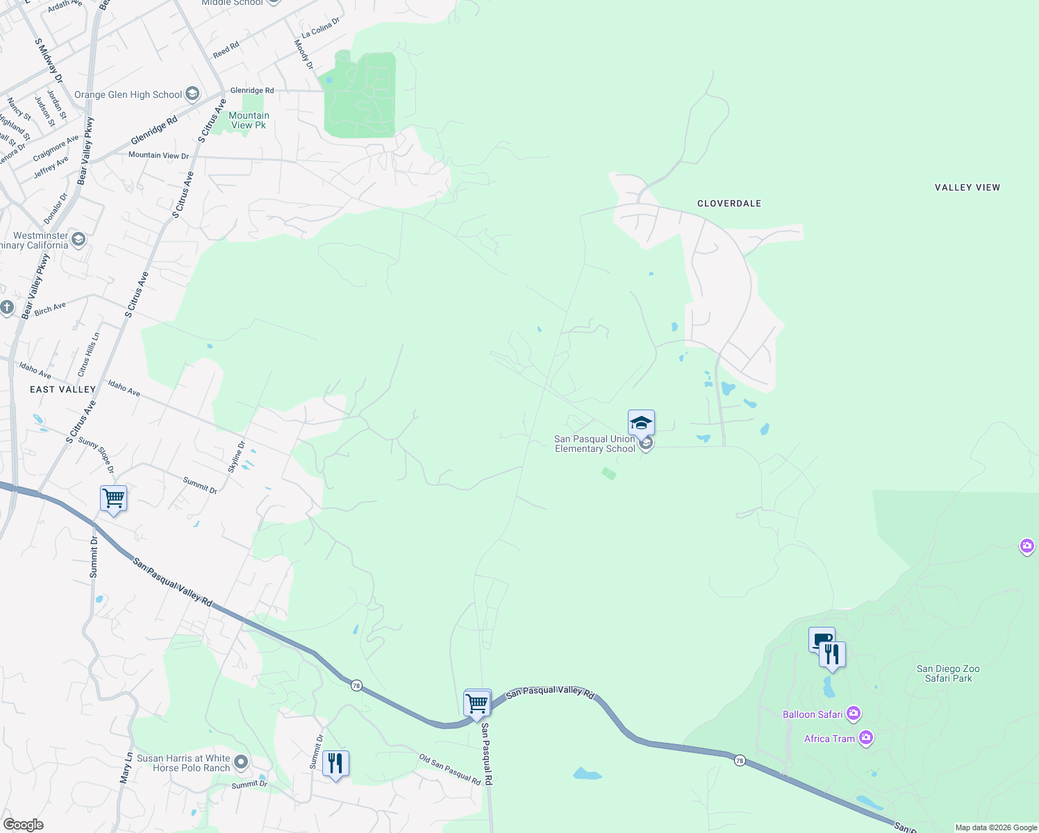 map of restaurants, bars, coffee shops, grocery stores, and more near 1951 Cloverdale Road in Escondido
