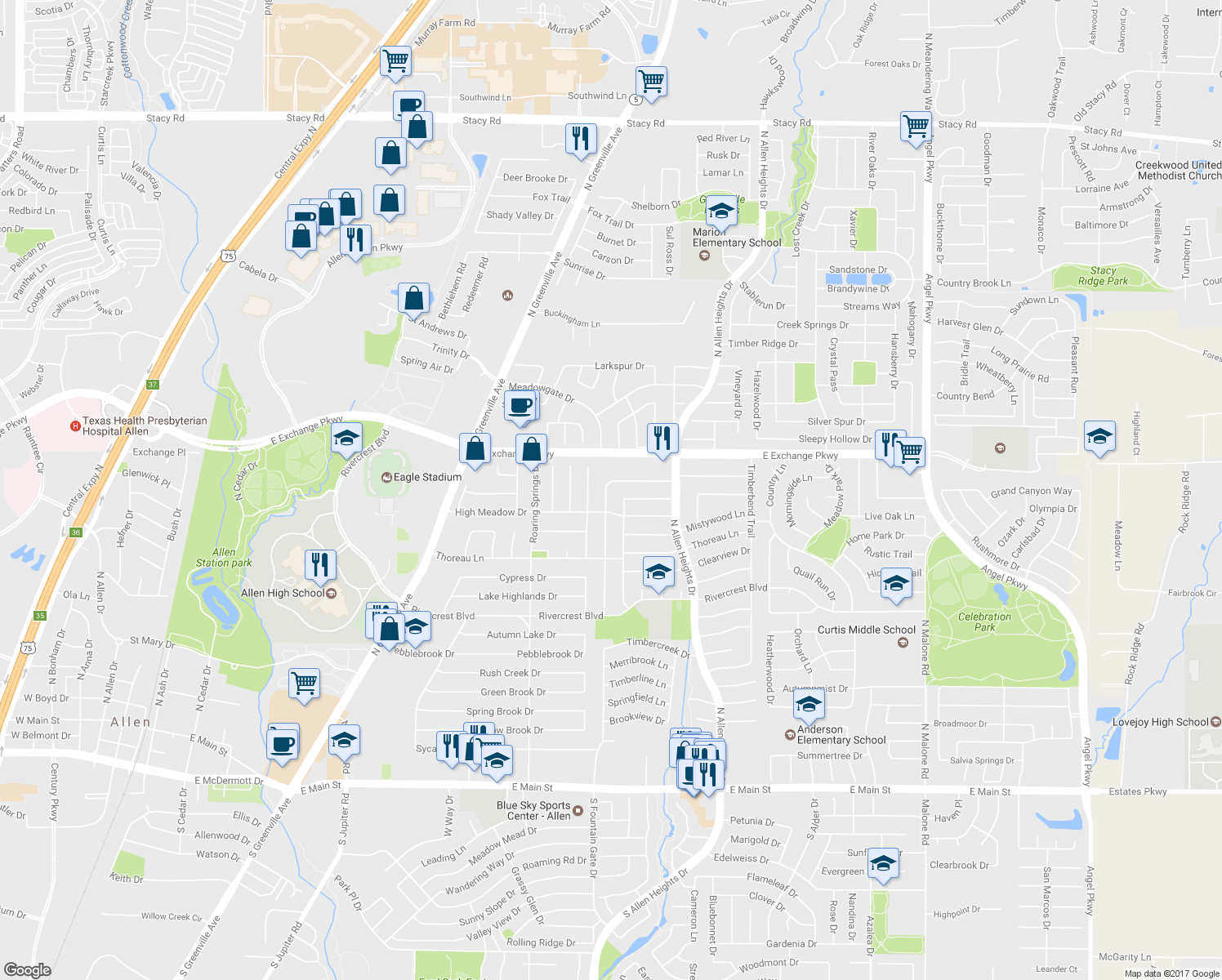 map of restaurants, bars, coffee shops, grocery stores, and more near 1008 Sandy Creek Drive in Allen