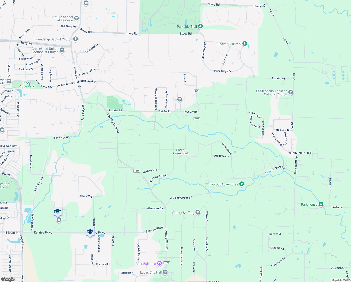 map of restaurants, bars, coffee shops, grocery stores, and more near 26 White Rock Trail in Allen