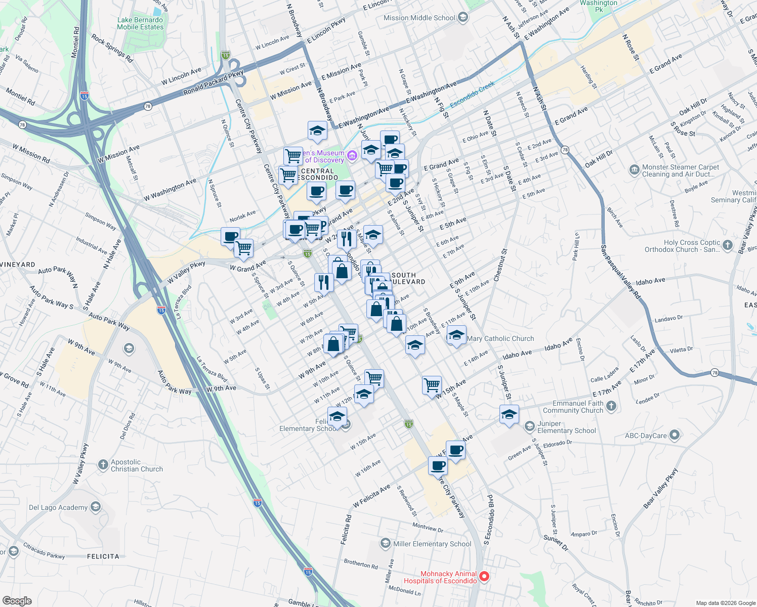 map of restaurants, bars, coffee shops, grocery stores, and more near 741 South Escondido Boulevard in Escondido