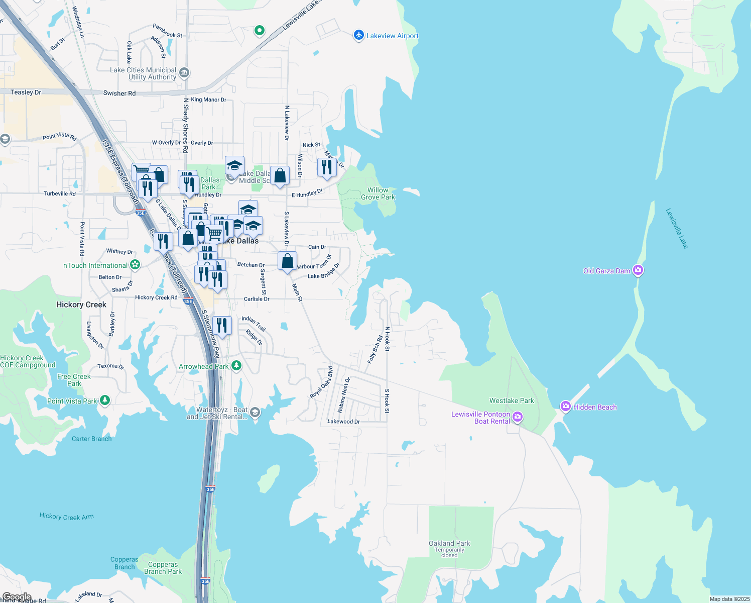 map of restaurants, bars, coffee shops, grocery stores, and more near 108 Saint Francis in Lake Dallas