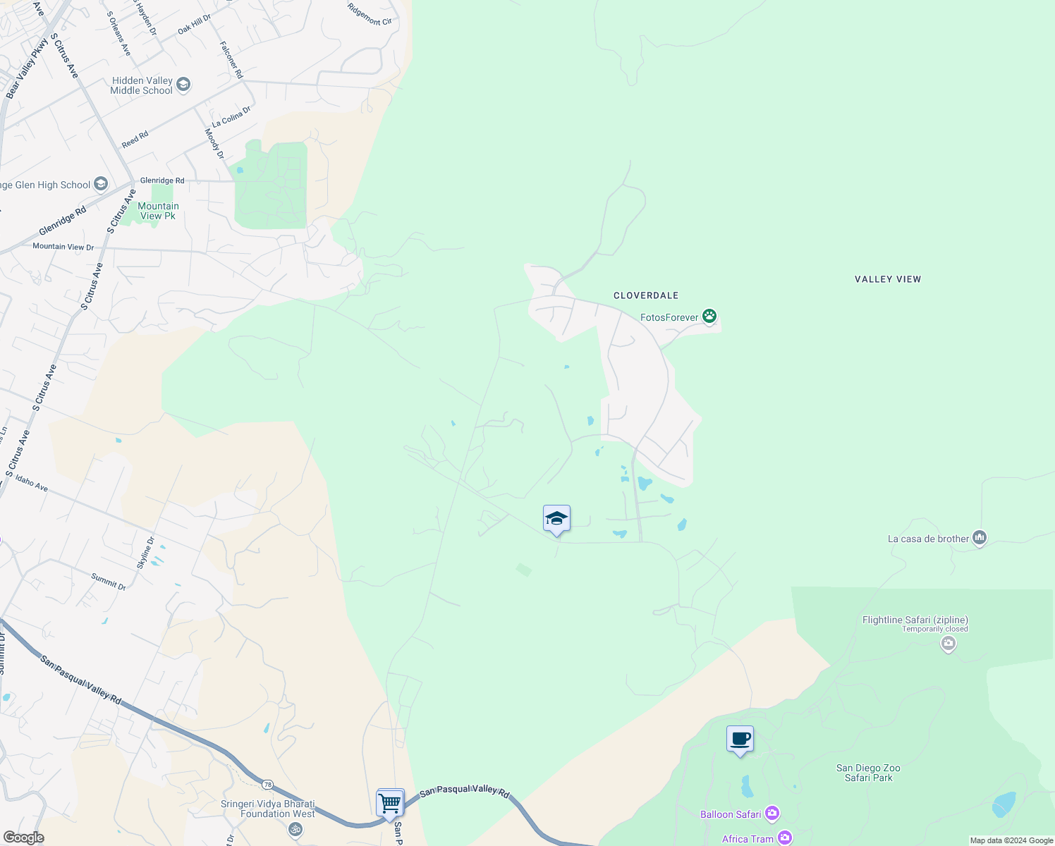 map of restaurants, bars, coffee shops, grocery stores, and more near 1666 Cloverdale Road in Escondido