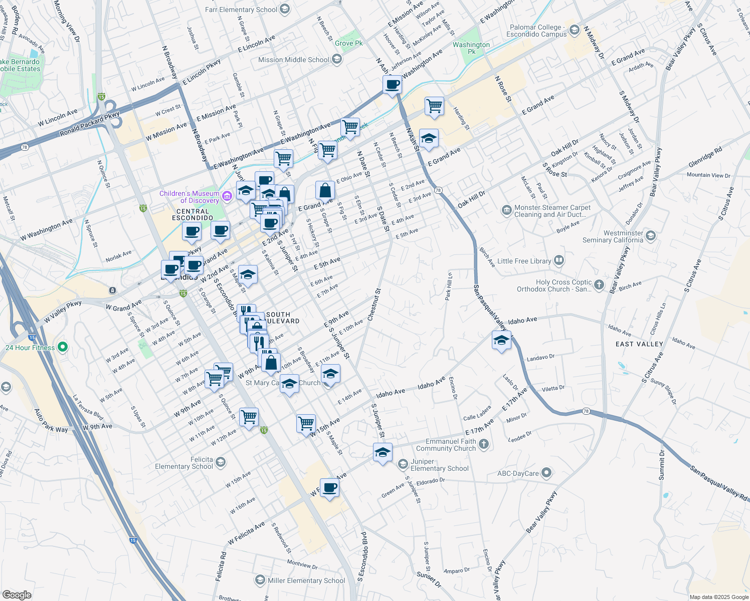 map of restaurants, bars, coffee shops, grocery stores, and more near 912 Chestnut St in Escondido