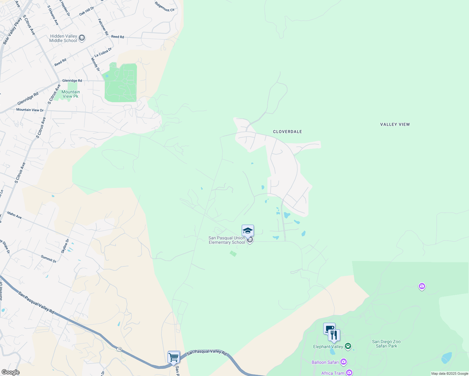 map of restaurants, bars, coffee shops, grocery stores, and more near 1666 Cloverdale Road in Escondido