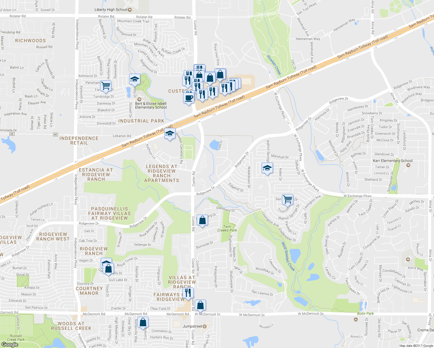 map of restaurants, bars, coffee shops, grocery stores, and more near 1206 Caliche Trail in Allen