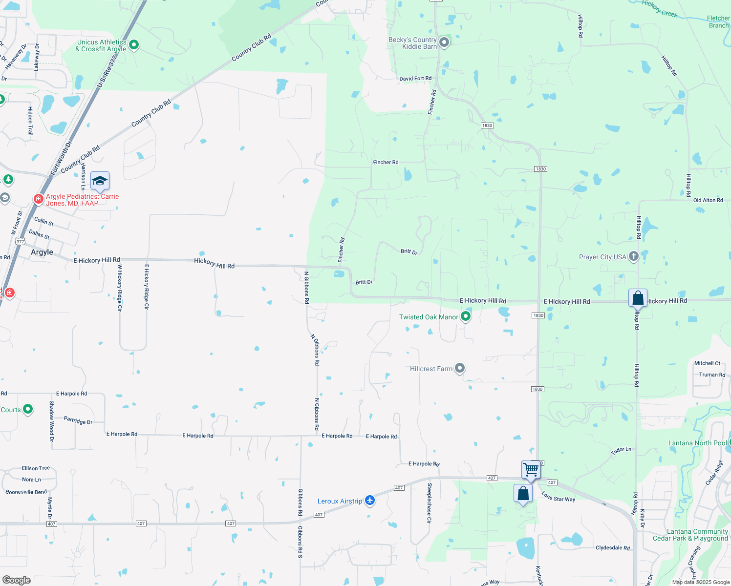 map of restaurants, bars, coffee shops, grocery stores, and more near 1451 East Hickory Hill Road in Argyle