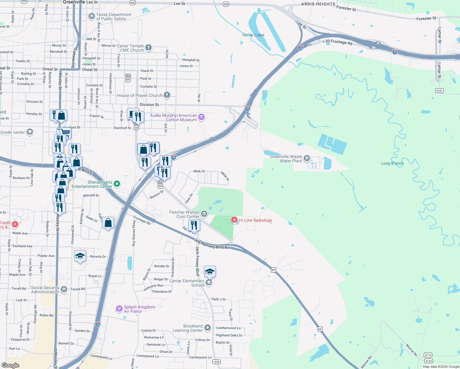 map of restaurants, bars, coffee shops, grocery stores, and more near 402 Mink Dr in Greenville