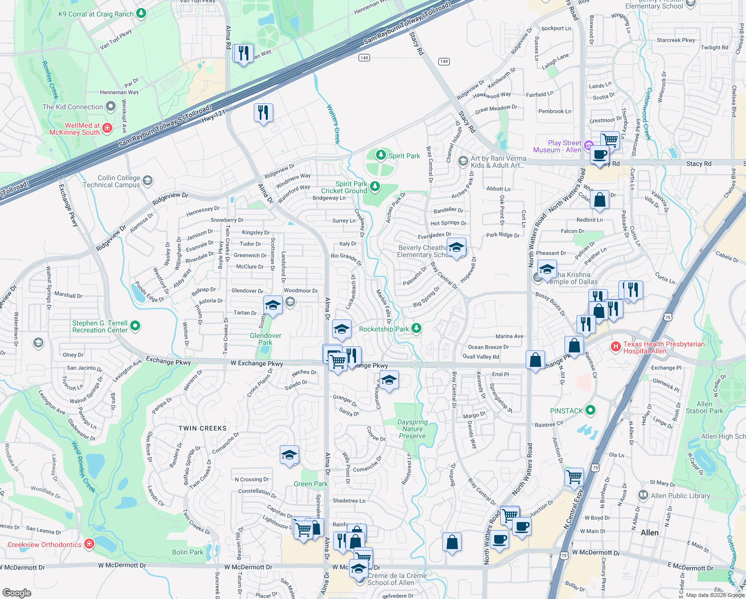 map of restaurants, bars, coffee shops, grocery stores, and more near 1324 Rio Grande Dr in Allen