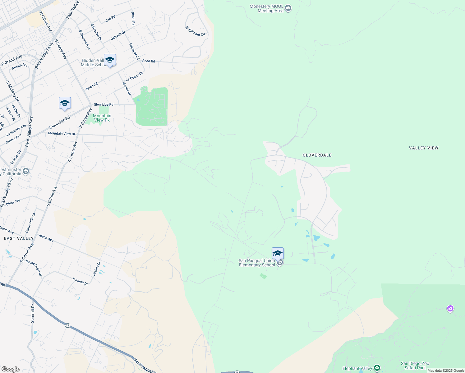 map of restaurants, bars, coffee shops, grocery stores, and more near 3034 Mountain View Drive in Escondido