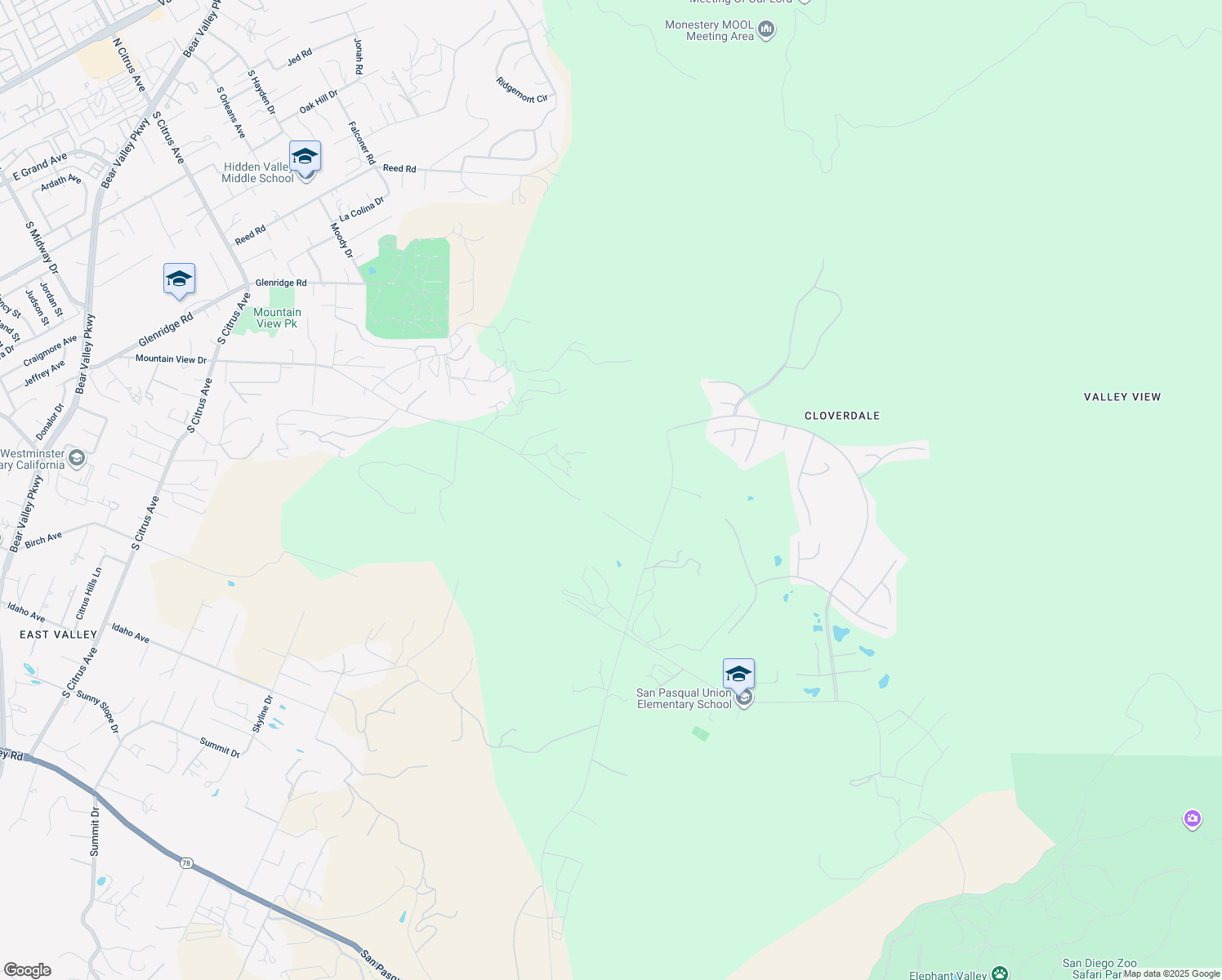 map of restaurants, bars, coffee shops, grocery stores, and more near 3034 Mountain View Drive in Escondido