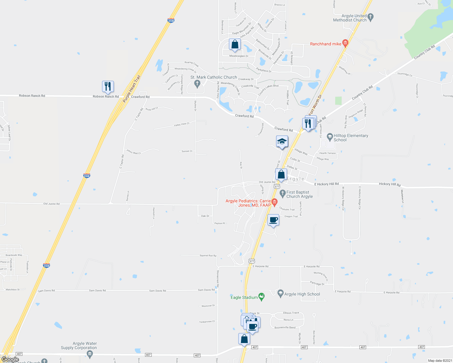 map of restaurants, bars, coffee shops, grocery stores, and more near 326 Old Justin Road in Argyle