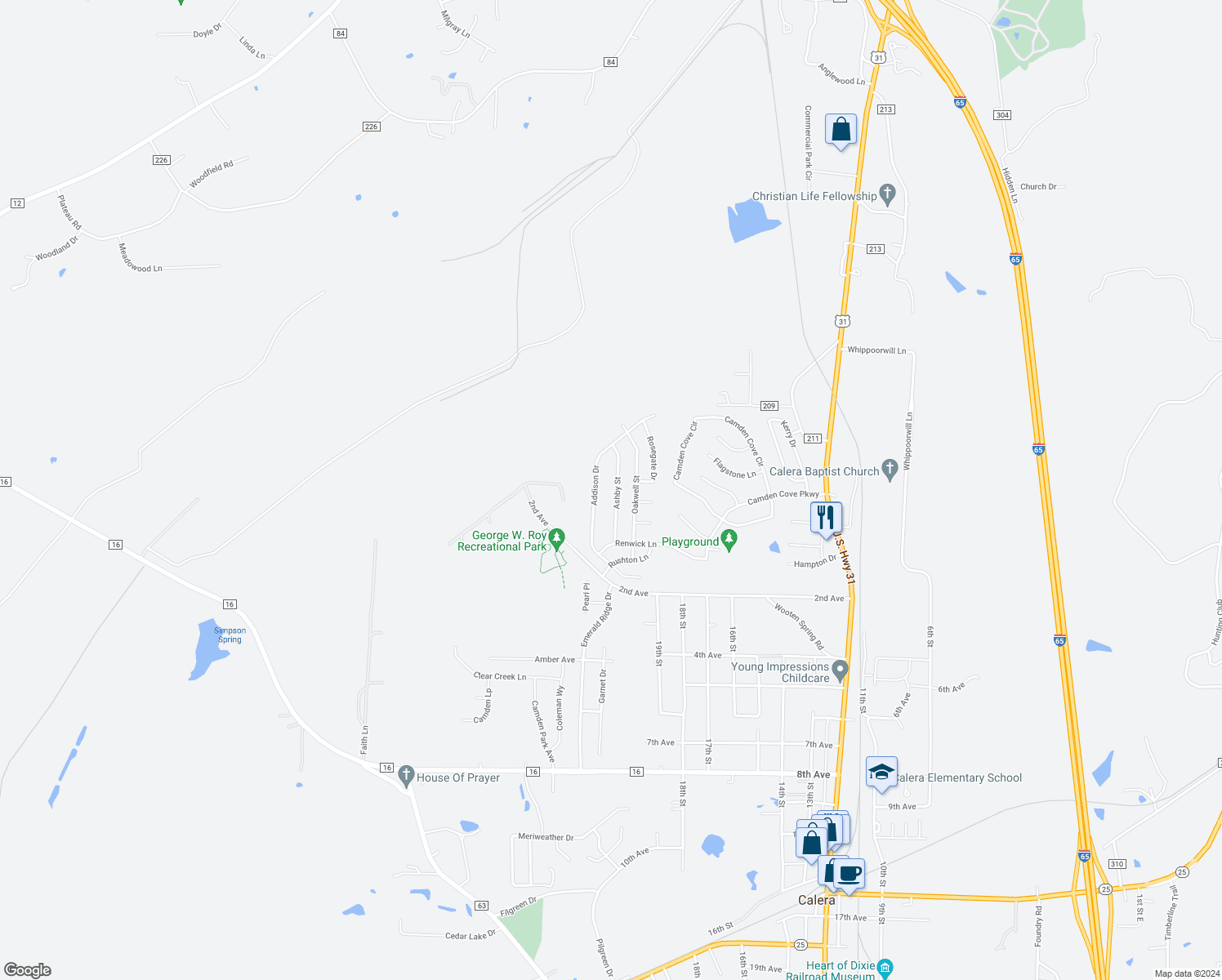 map of restaurants, bars, coffee shops, grocery stores, and more near 149 Ashby Street in Calera