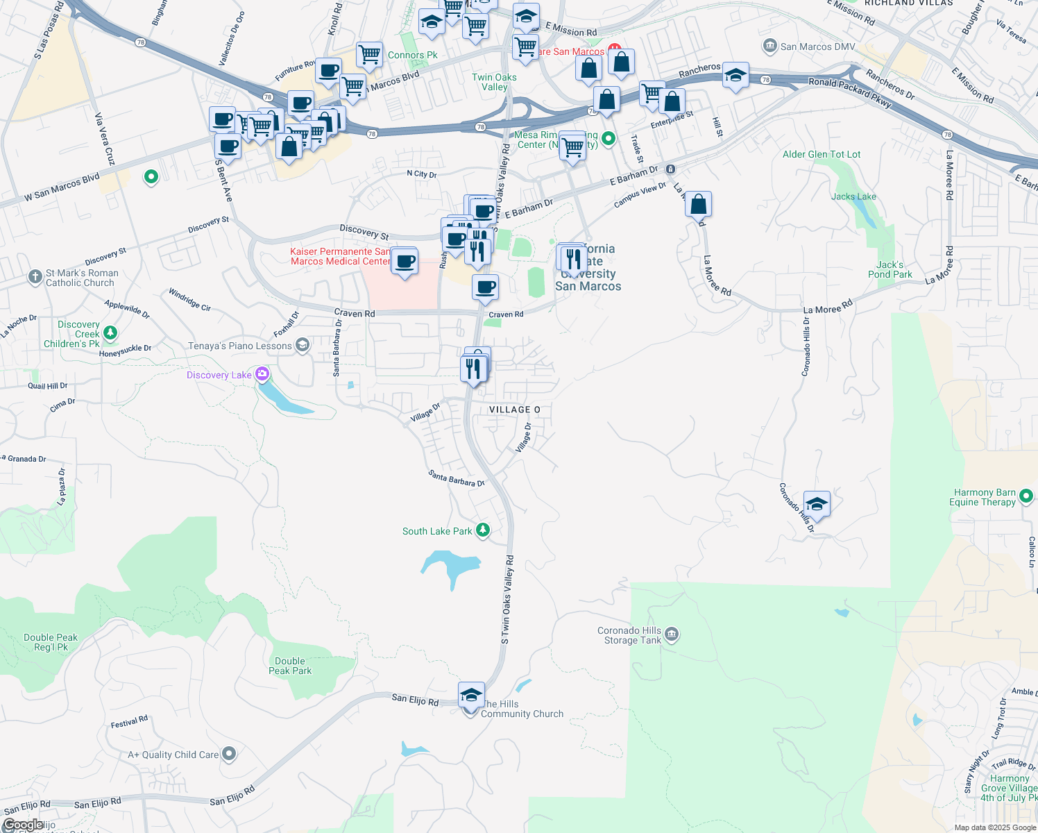 map of restaurants, bars, coffee shops, grocery stores, and more near 442 Almond Road in San Marcos