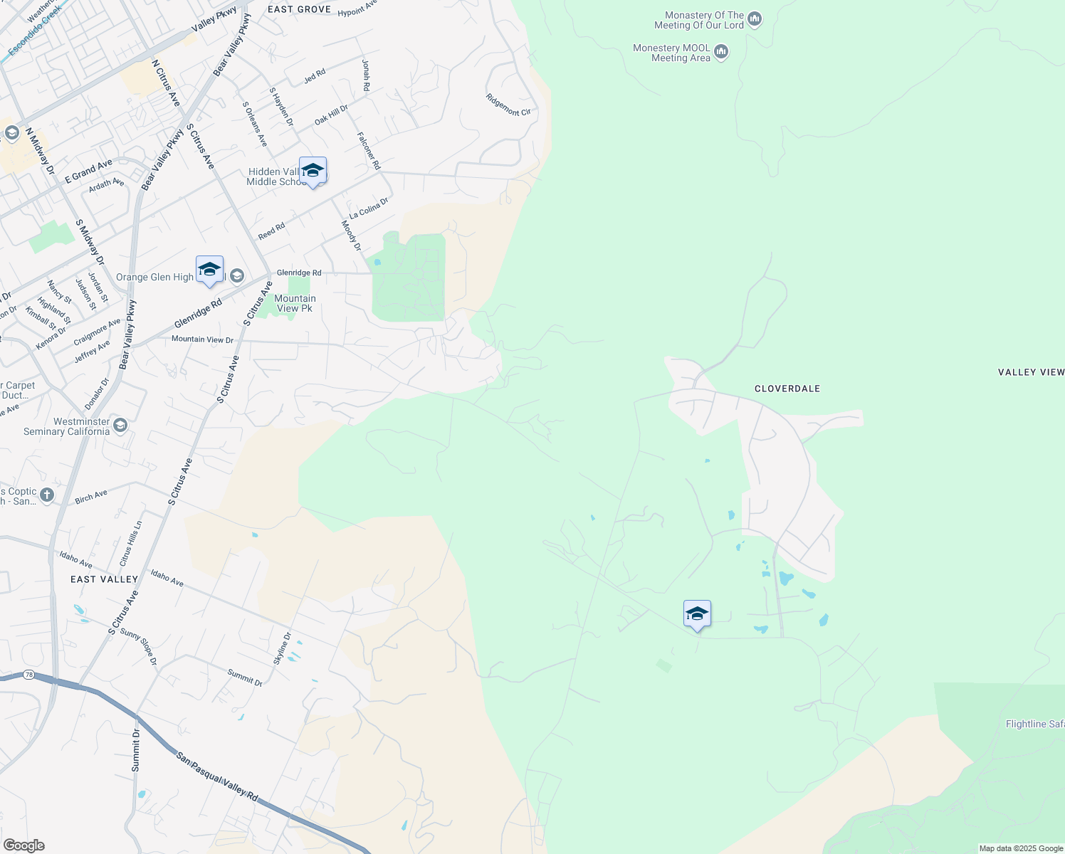 map of restaurants, bars, coffee shops, grocery stores, and more near 2838 Mountain View Drive in Escondido