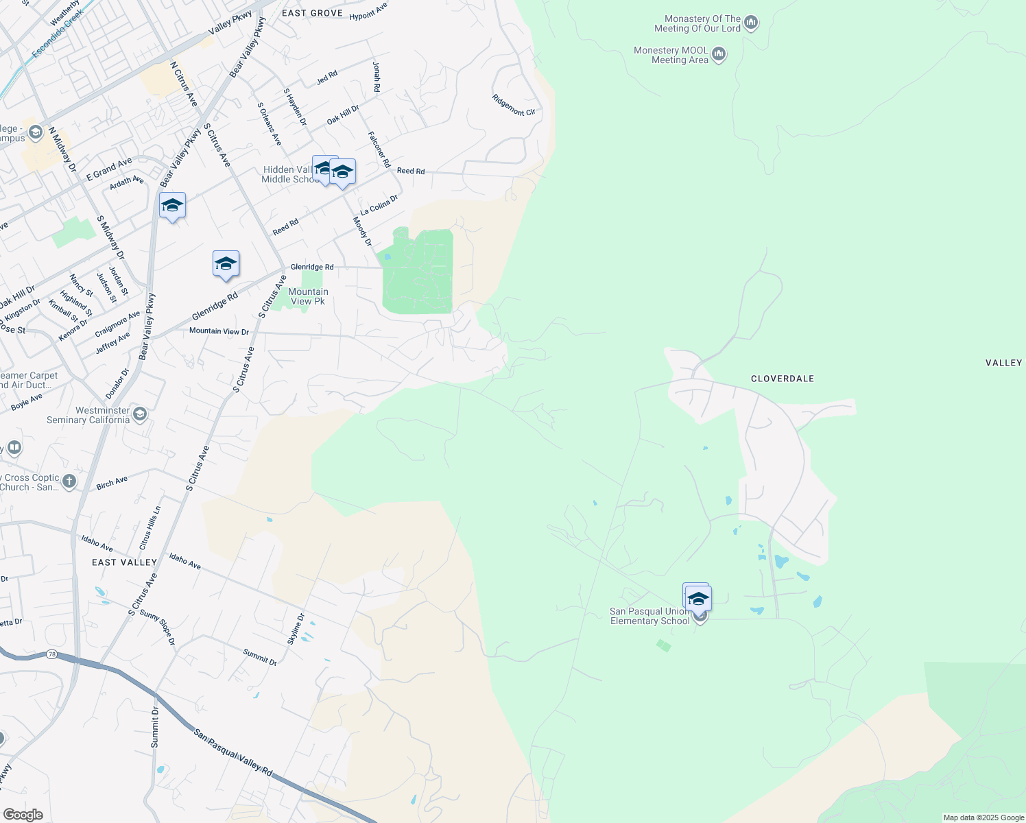 map of restaurants, bars, coffee shops, grocery stores, and more near 2838 Mountain View Drive in Escondido