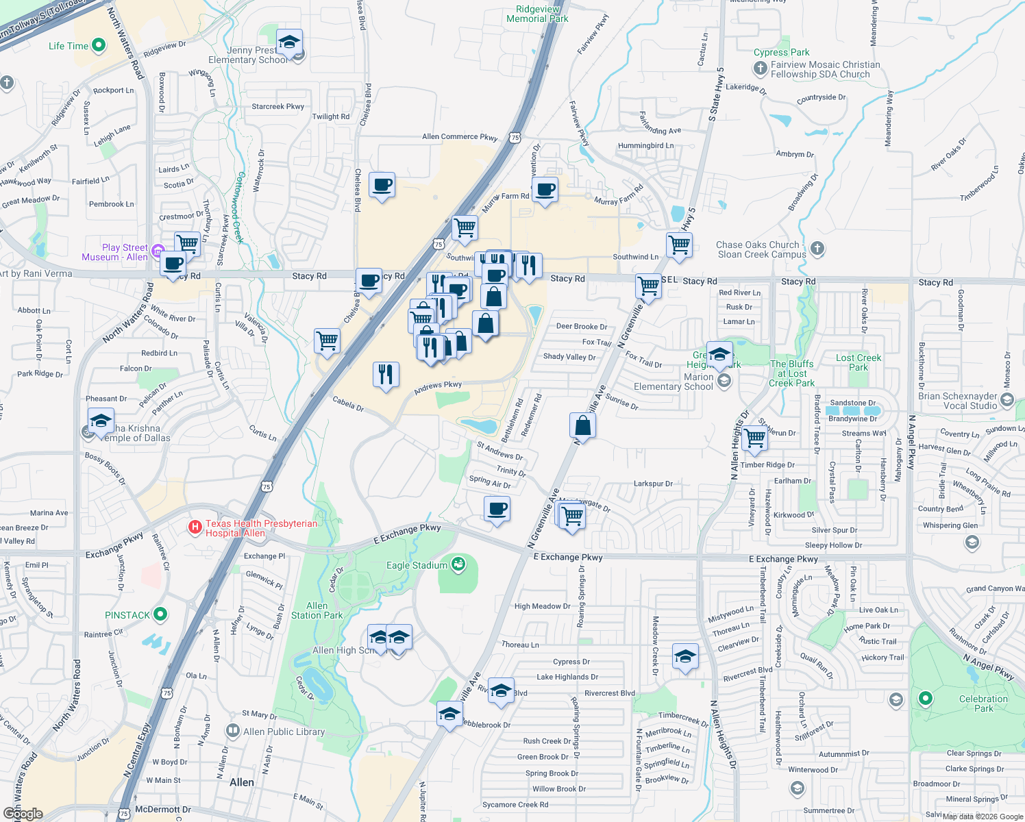 map of restaurants, bars, coffee shops, grocery stores, and more near 1519 Bethlehem Road in Allen