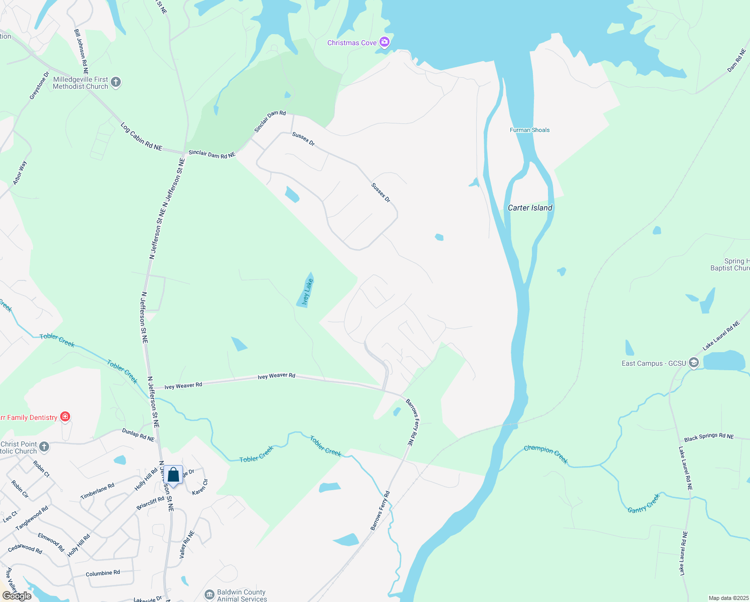map of restaurants, bars, coffee shops, grocery stores, and more near 2324 Anthony Way in Milledgeville