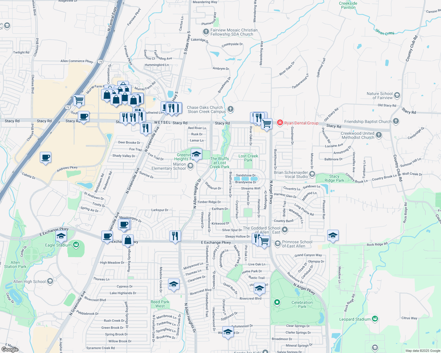 map of restaurants, bars, coffee shops, grocery stores, and more near 1424 Lost Creek Court in Allen