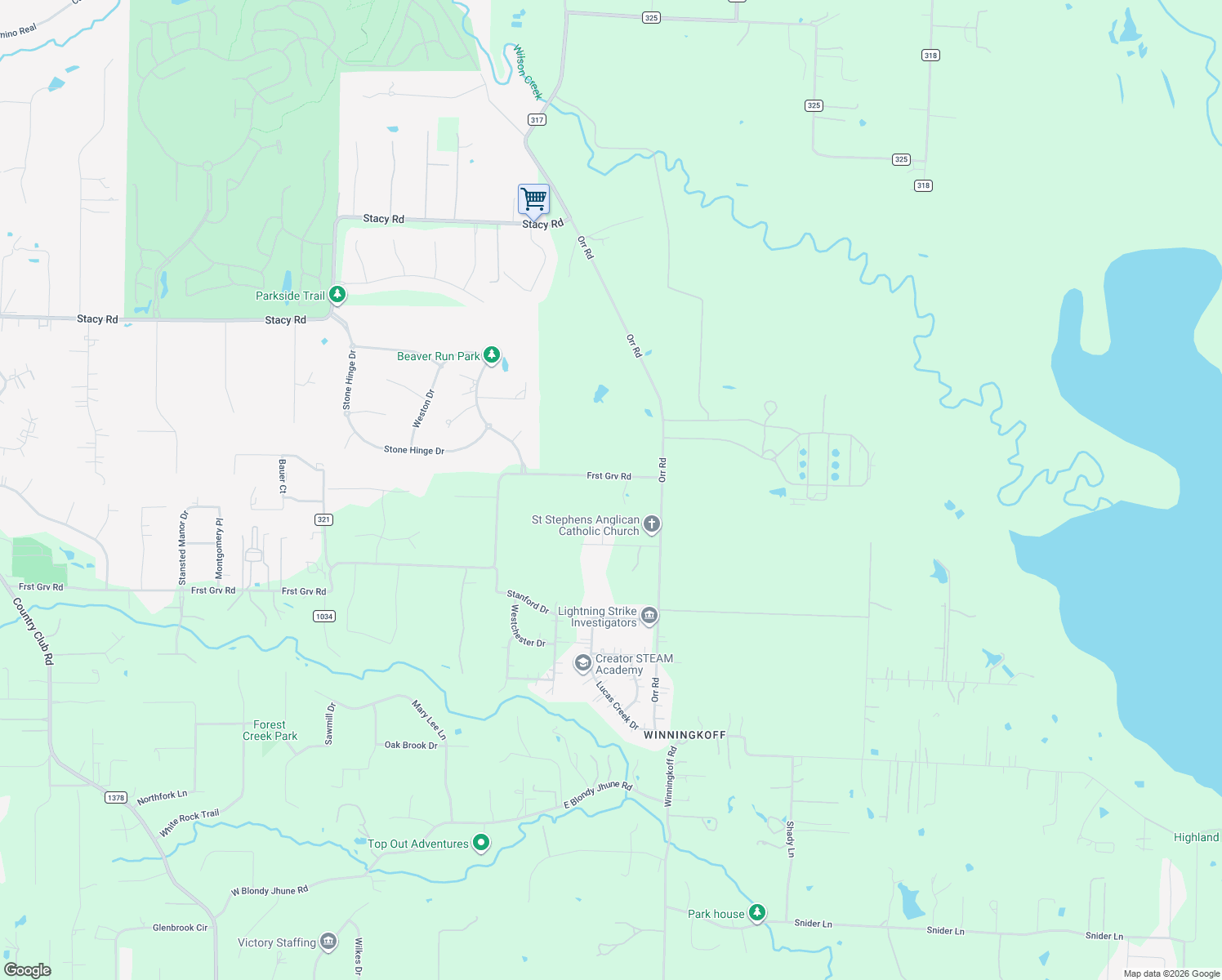 map of restaurants, bars, coffee shops, grocery stores, and more near 220 East Forest Grove Road in Lucas