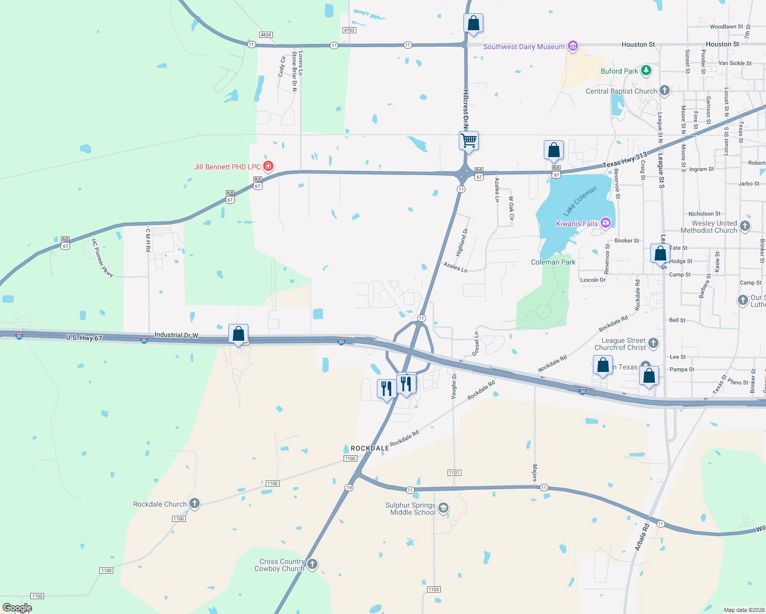 map of restaurants, bars, coffee shops, grocery stores, and more near 1813 Woodbridge Drive in Sulphur Springs
