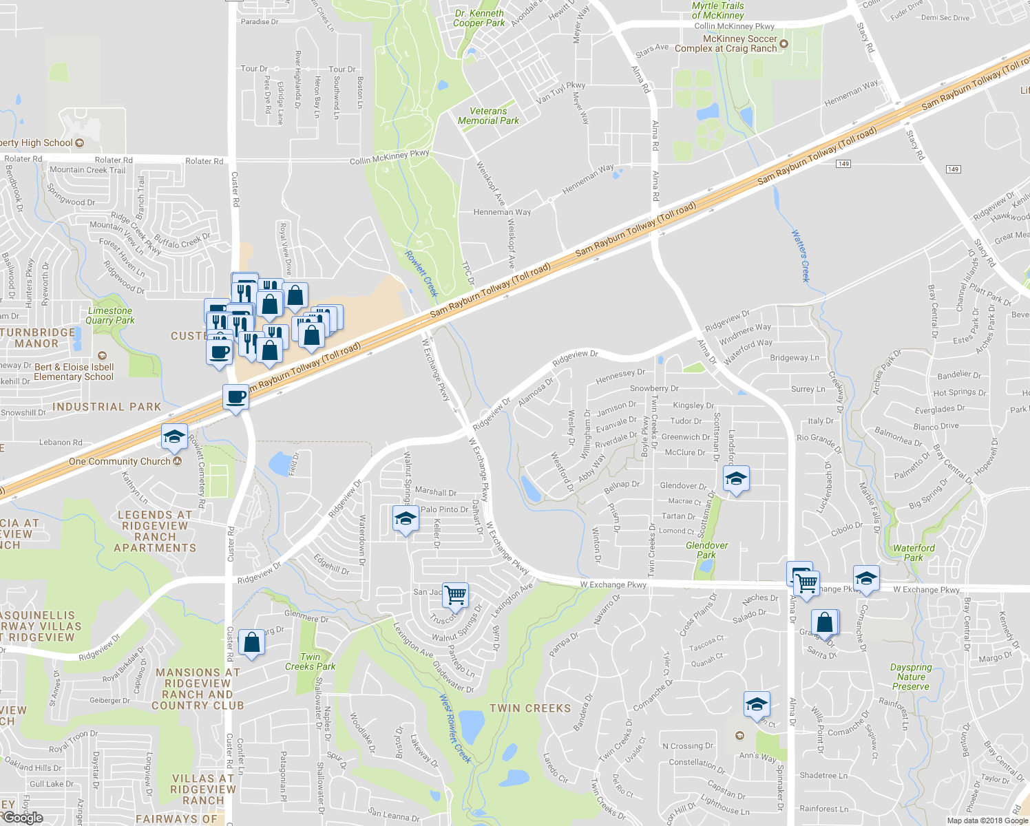 map of restaurants, bars, coffee shops, grocery stores, and more near 1622 Singing Water Drive in Allen