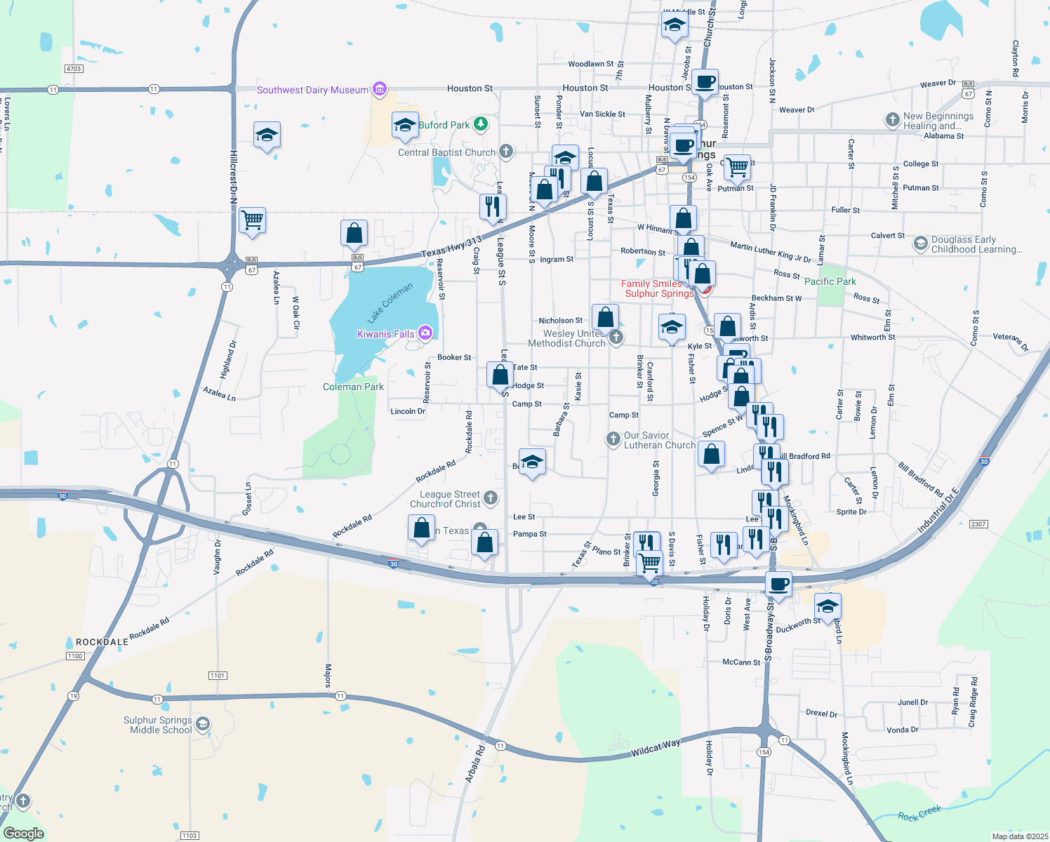 map of restaurants, bars, coffee shops, grocery stores, and more near 811 Moore Street South in Sulphur Springs