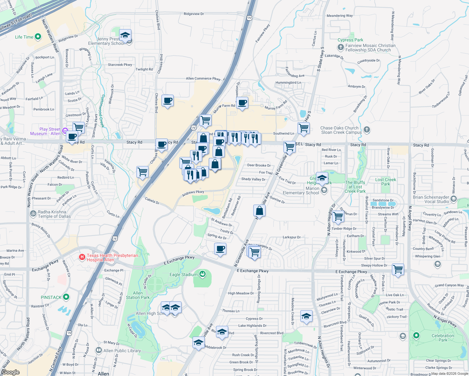 map of restaurants, bars, coffee shops, grocery stores, and more near 400 Arrowhead Drive in Allen