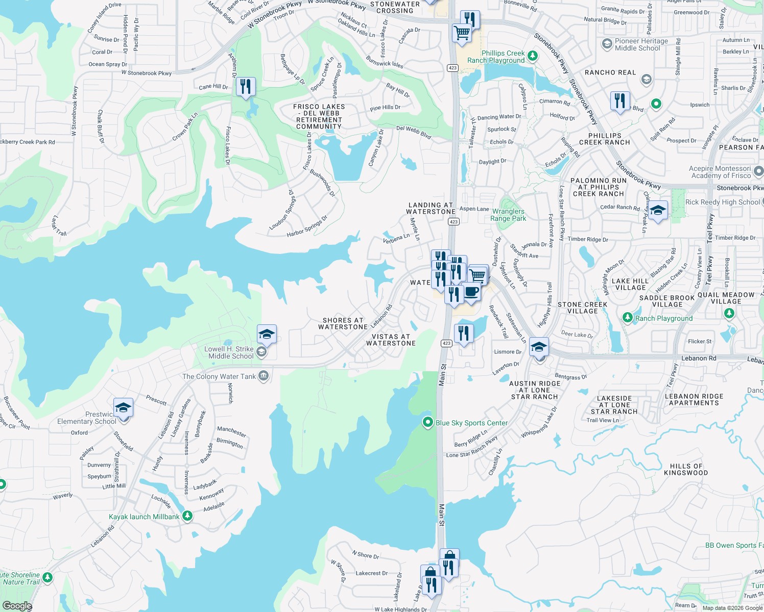 map of restaurants, bars, coffee shops, grocery stores, and more near 665 Gulf Shores in Frisco
