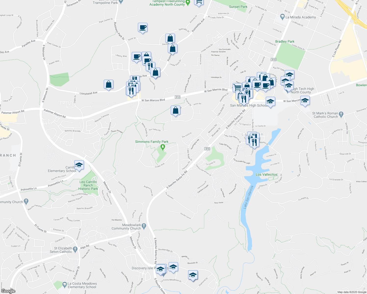 map of restaurants, bars, coffee shops, grocery stores, and more near 1268 Farmington Place in San Marcos
