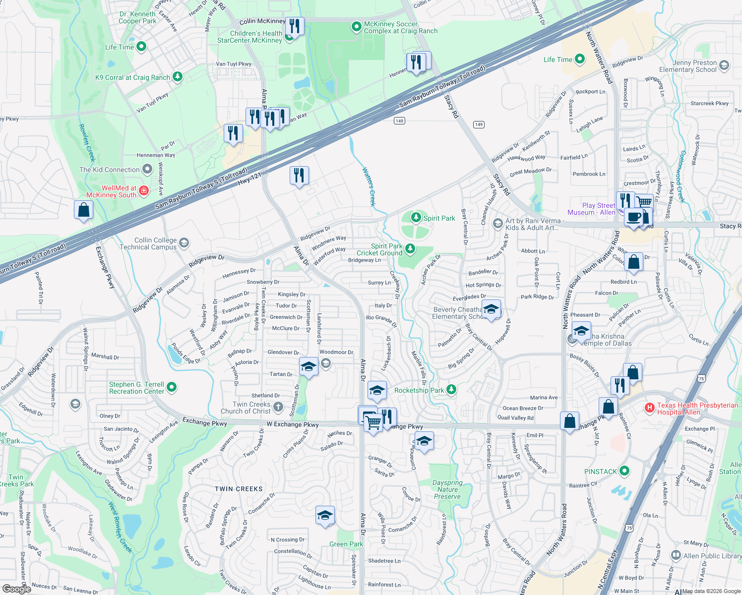 map of restaurants, bars, coffee shops, grocery stores, and more near 1119 Lamplight Way in Allen