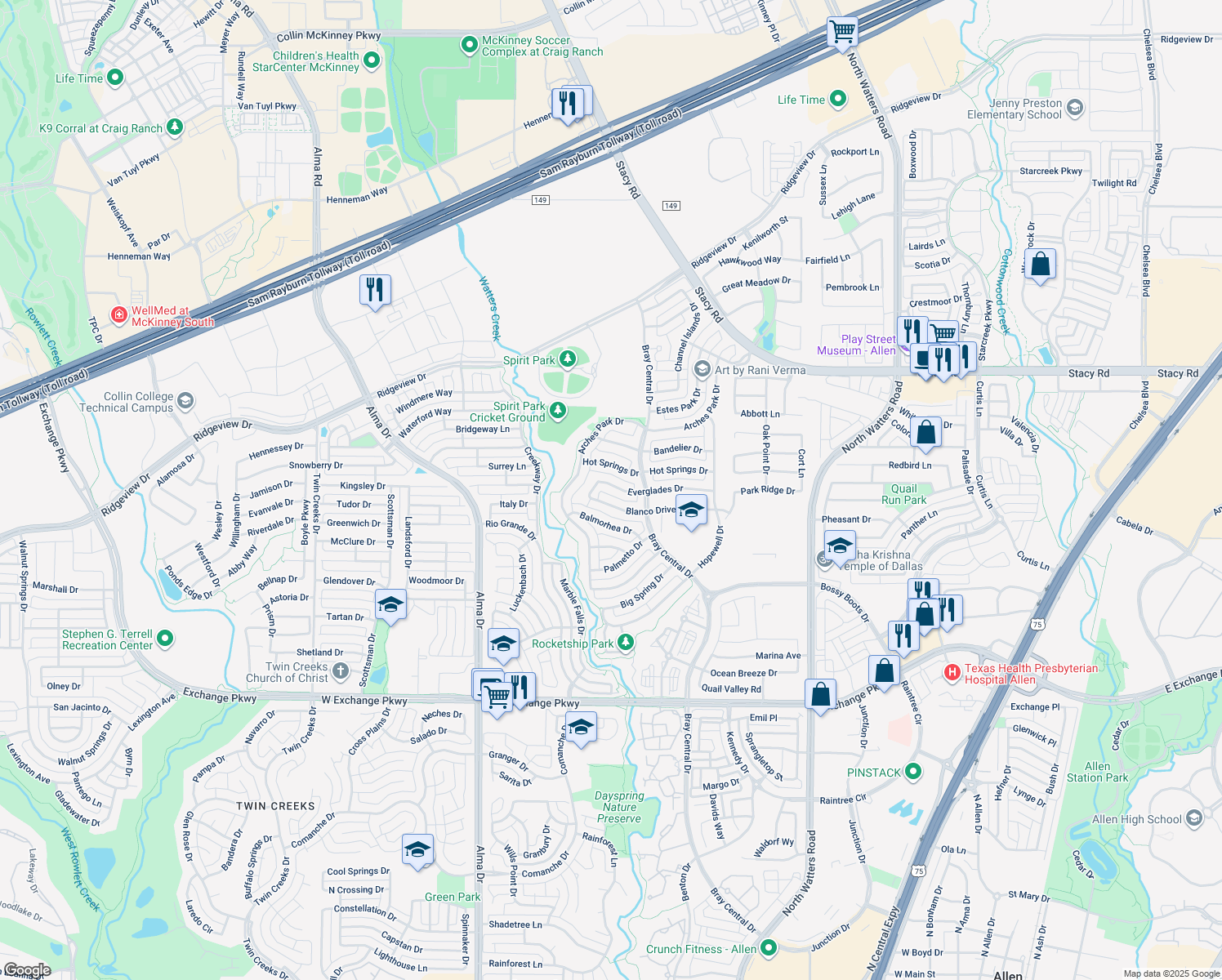 map of restaurants, bars, coffee shops, grocery stores, and more near 1043 Everglades Drive in Allen