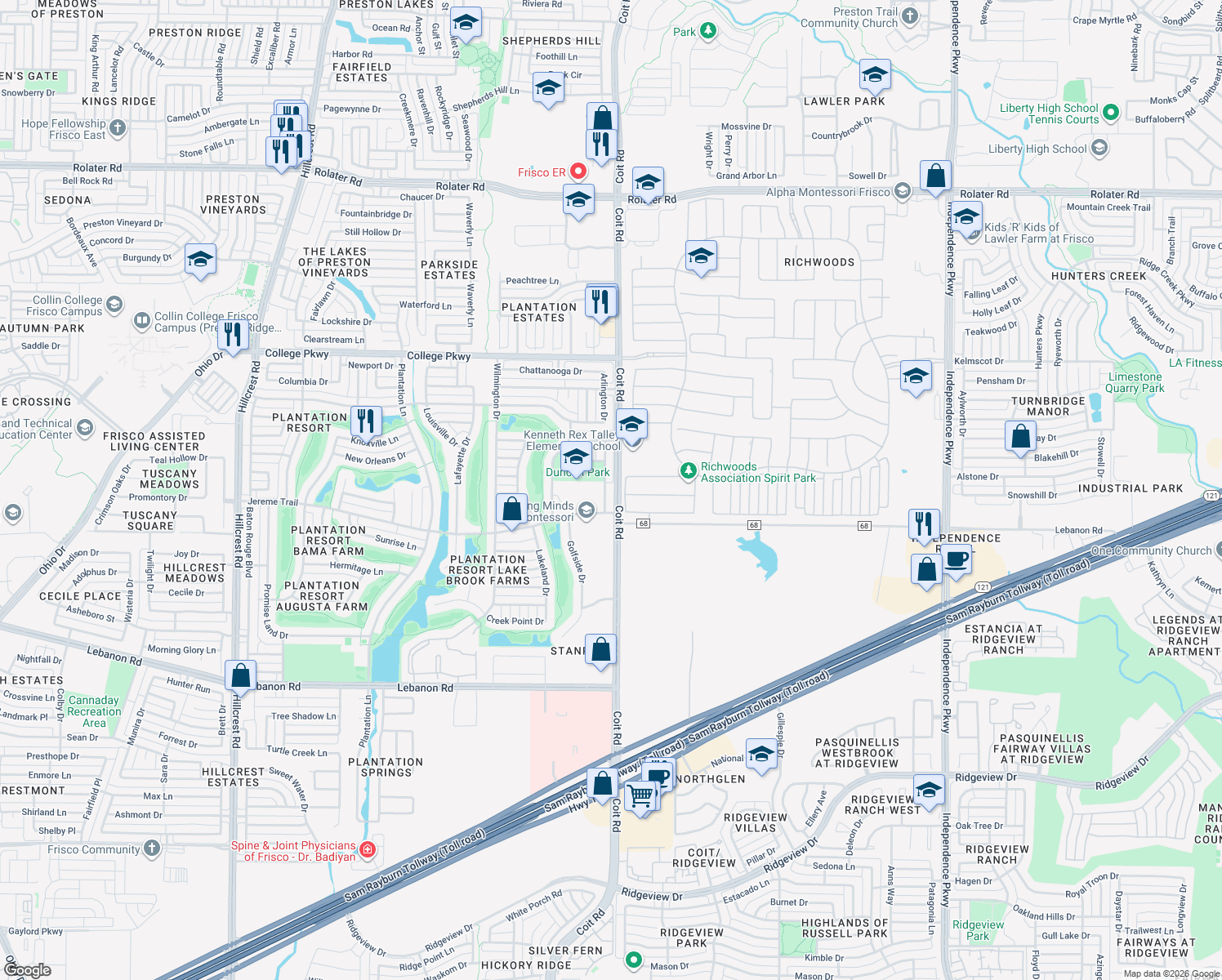 map of restaurants, bars, coffee shops, grocery stores, and more near 5584 Greensboro Drive in Frisco