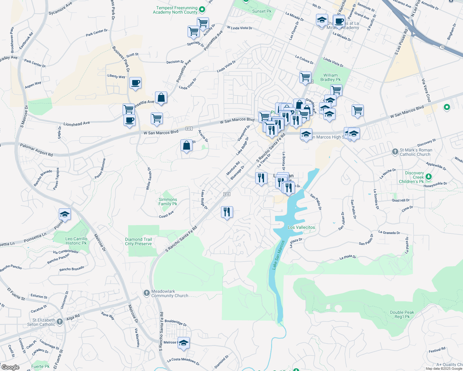 map of restaurants, bars, coffee shops, grocery stores, and more near 1144 South Rancho Santa Fe Road in San Marcos