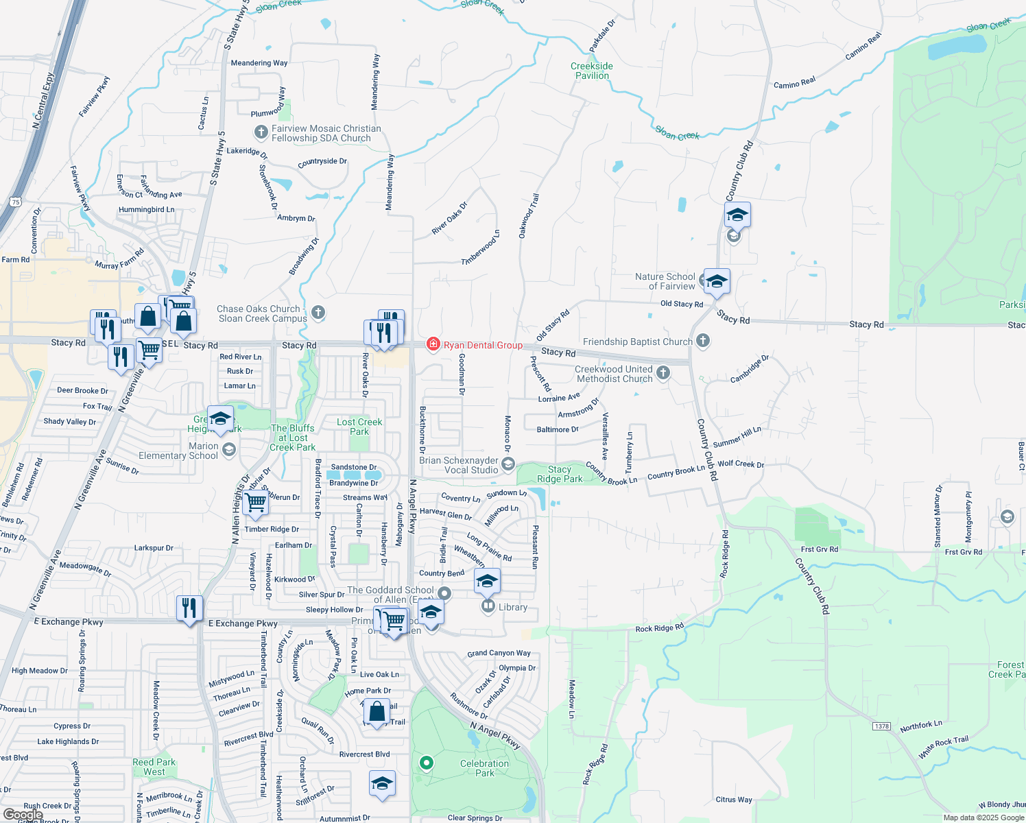 map of restaurants, bars, coffee shops, grocery stores, and more near 1726 Monaco Dr in Allen